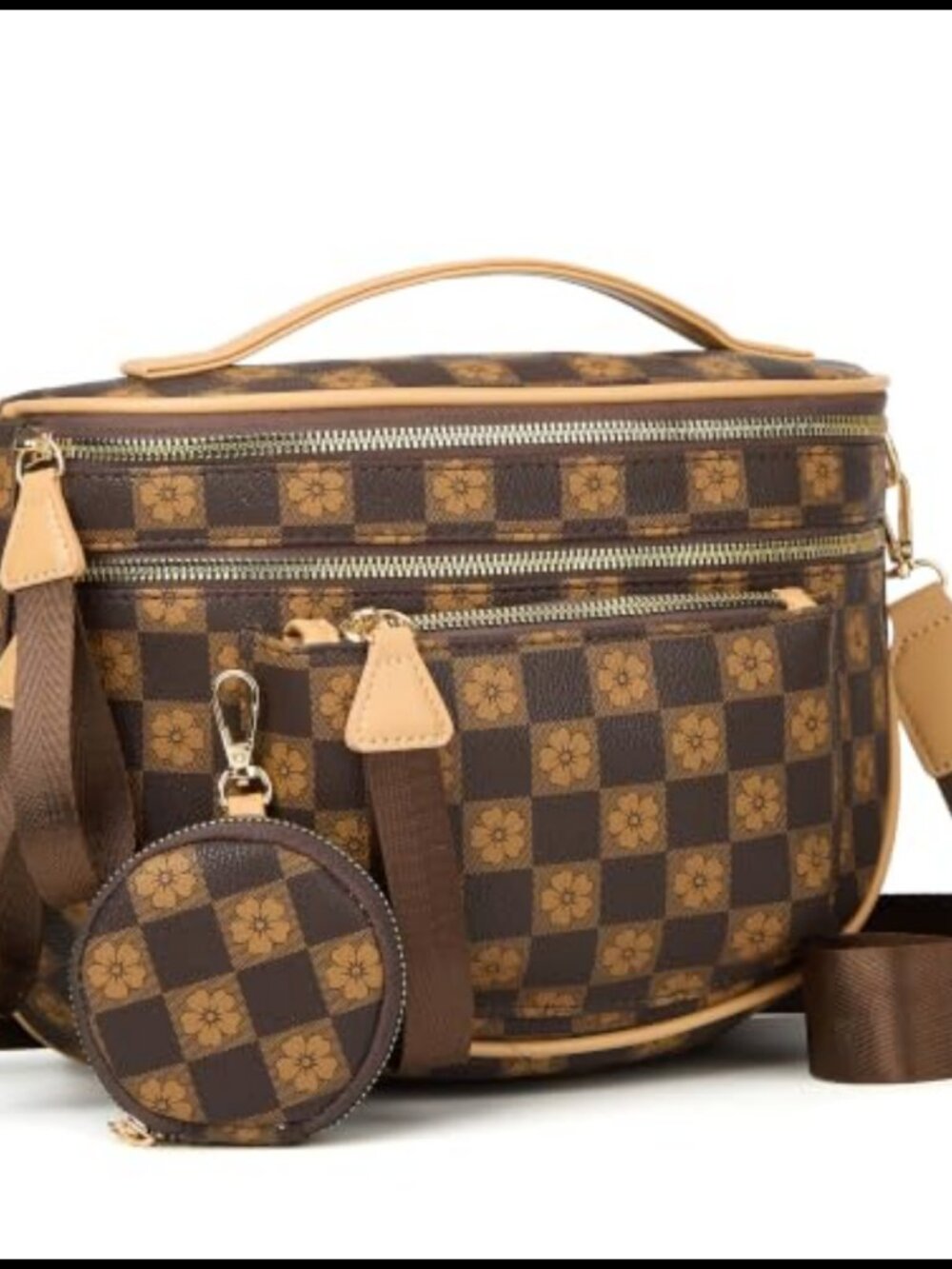 Vegan Leather Checkered Crossbody Bum Bag with Pouch Adjustable Strap